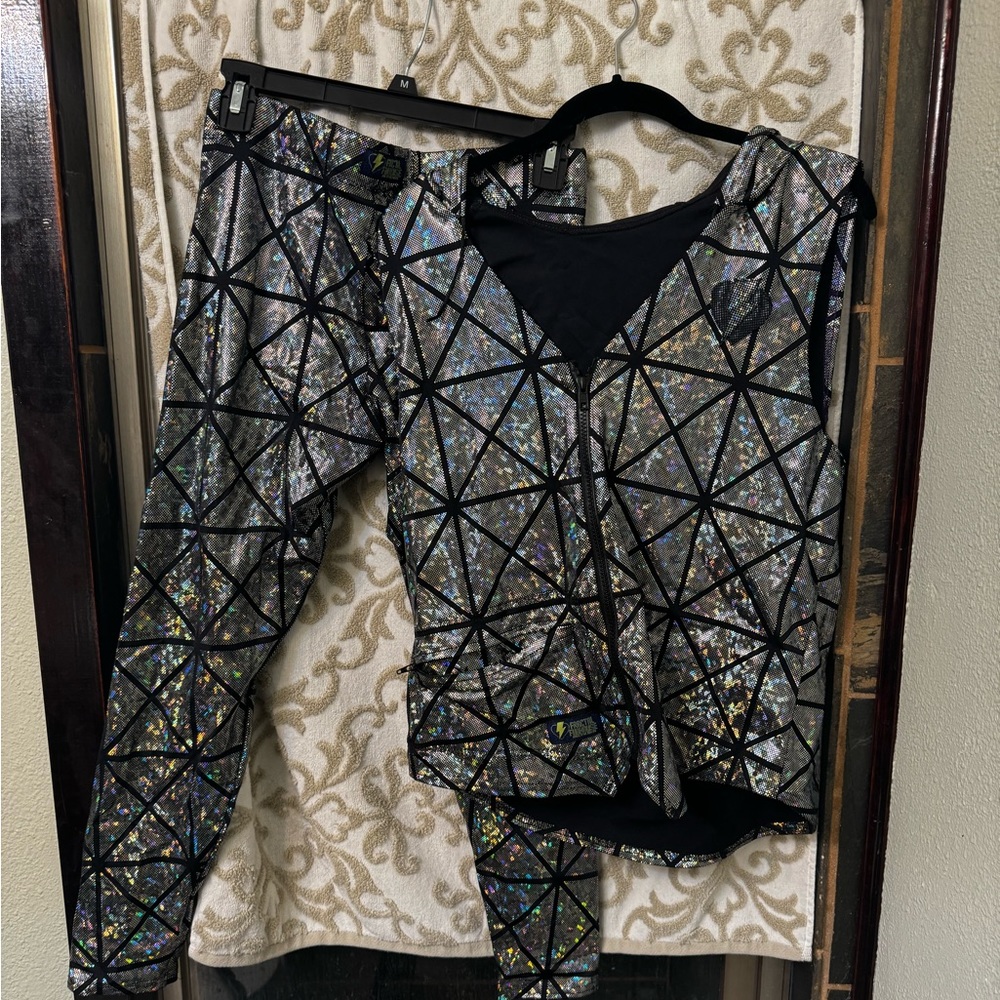 Silver and Black Disco Holographic Spandex Vest and Leggings MEDIUM